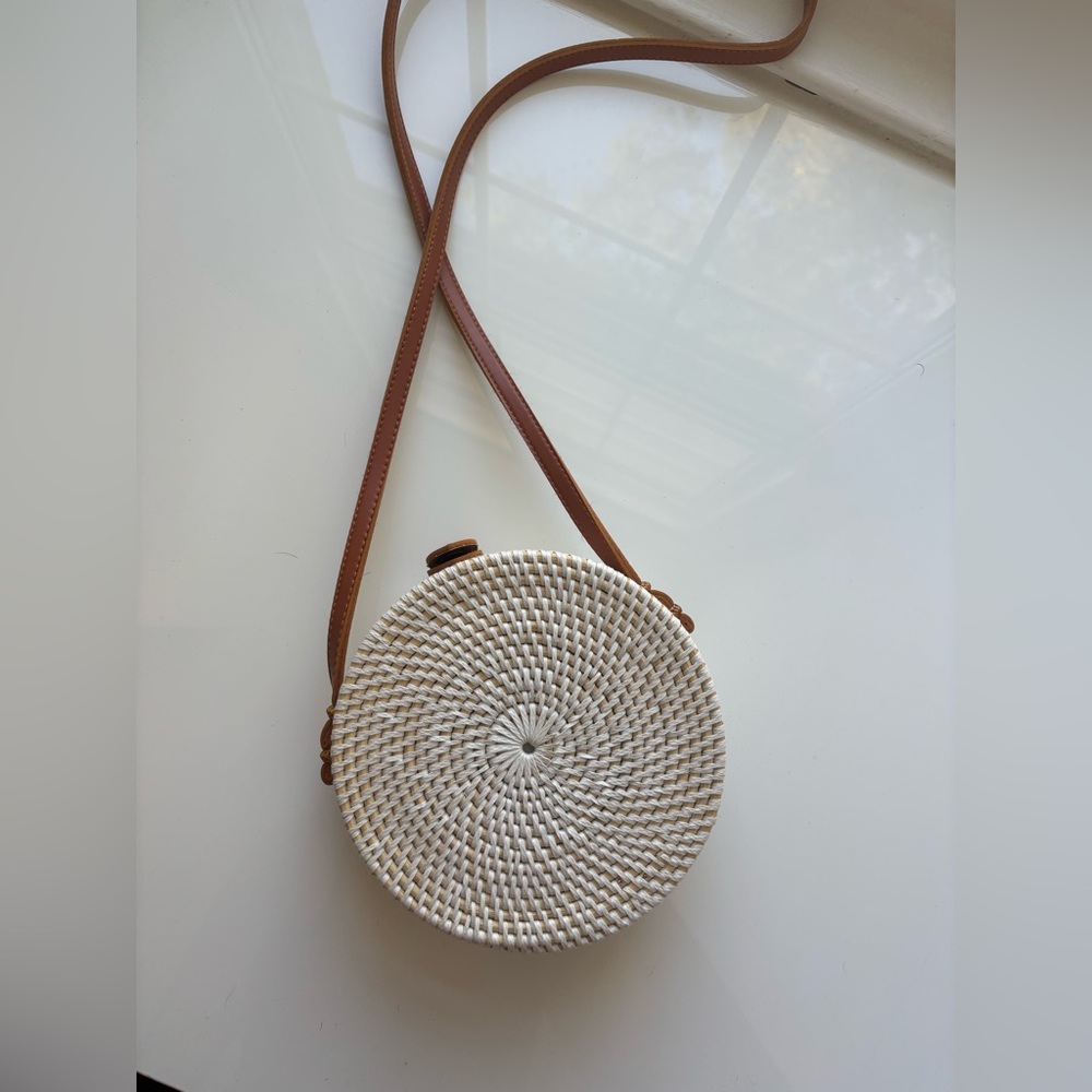 Round Woven Crossbody Bag with Tan Strap